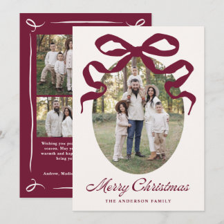 Hand-Drawn Burgundy Bow Christmas Photo Holiday Card