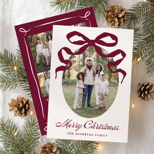 Hand-Drawn Burgundy Bow Christmas Photo Holiday Card