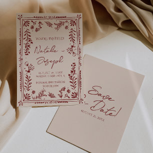 Hand Drawn Burgundy Deep Red Floral Garden Wedding Save The Date