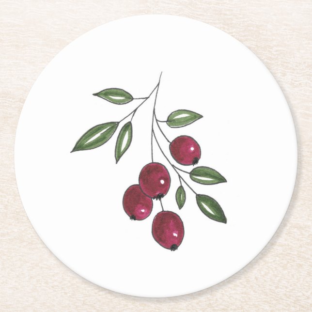 Hand Drawn Burgundy Red Berries Round Paper Coaster (Front)