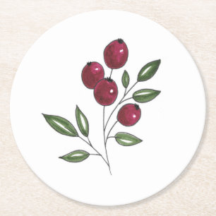 Hand Drawn Burgundy Red Berries Round Paper Coaster