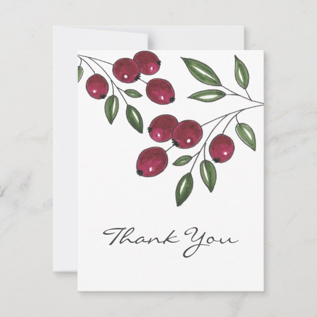 Hand Drawn Burgundy Red Berries Thank You Card (Front)