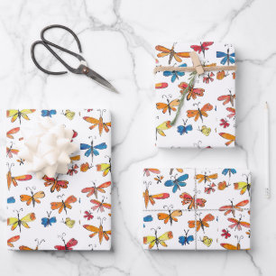 Hand-Drawn Butterfly Dragonfly Nature Inspired Wrapping Paper Sheet