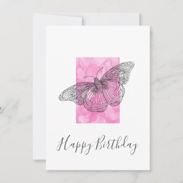 Hand Drawn Butterfly, Pink Watercolor Abstract   Card (Front)