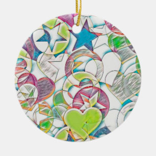 Hand Drawn By EDDArt - Stars And Hearts 1 Ceramic Tree Decoration