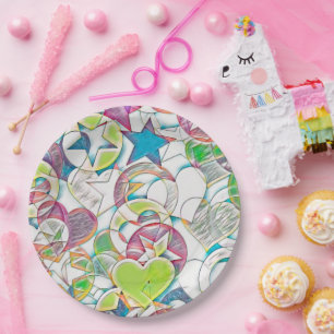 Hand Drawn By EDDArt - Stars And Hearts 1 Paper Plate