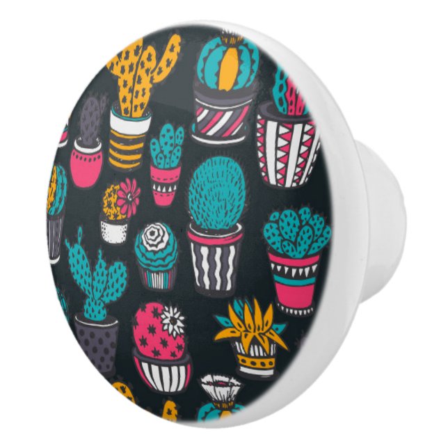 Hand Drawn Cactus in Sketch Style Pattern Ceramic Knob (Right)