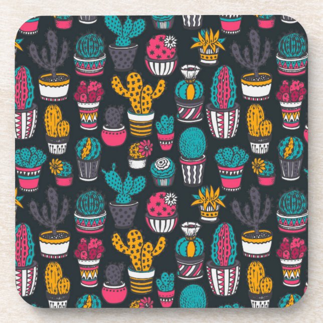 Hand Drawn Cactus in Sketch Style Pattern Coaster (Front)