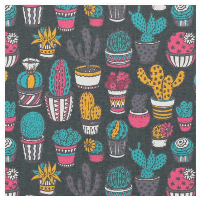 Hand Drawn Cactus in Sketch Style Pattern Fabric (Close Up)