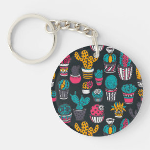 Hand Drawn Cactus in Sketch Style Pattern Key Ring