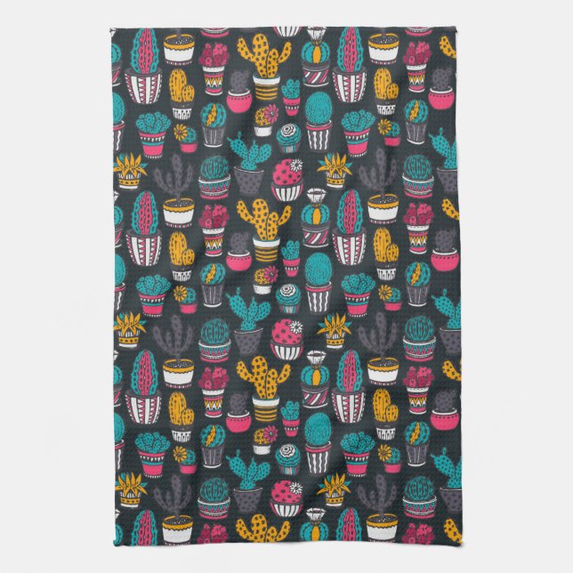 Hand Drawn Cactus in Sketch Style Pattern Tea Towel (Vertical)