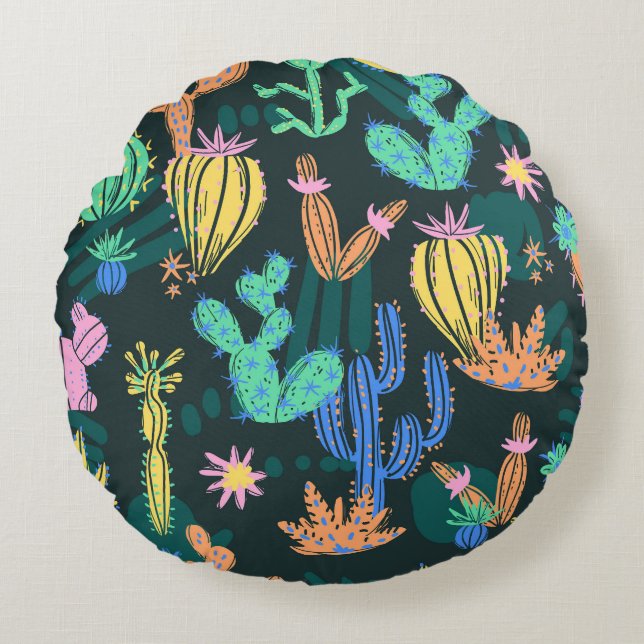 Hand-drawn cactus: Scandinavian seamless. Round Cushion (Front)