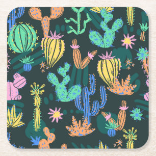Hand-drawn cactus: Scandinavian seamless. Square Paper Coaster