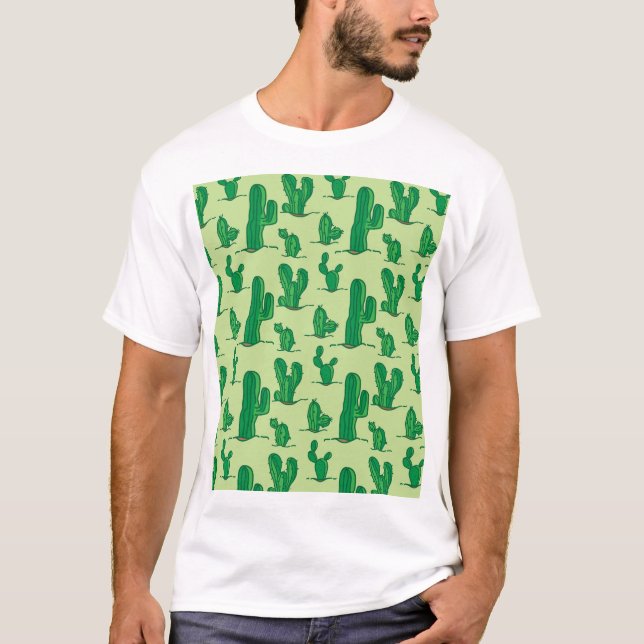 Hand-drawn cactus: seamless pattern. T-Shirt (Front)