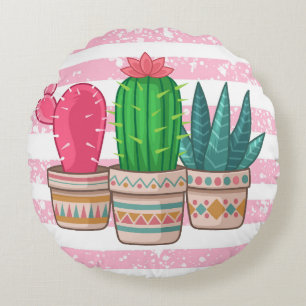 hand drawn cactus with stripes background round cushion