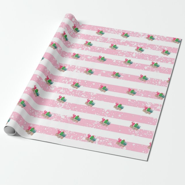 hand drawn cactus with stripes background wrapping paper (Unrolled)