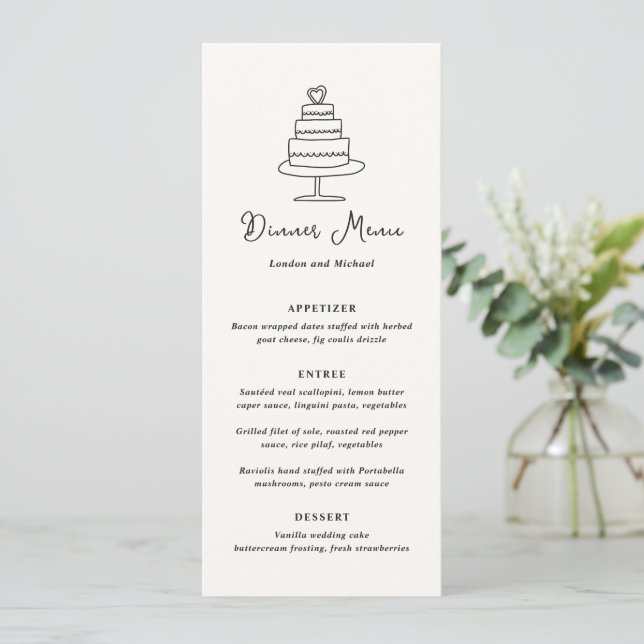 Hand Drawn Cake Doodle Modern Wedding Menu (Standing Front)