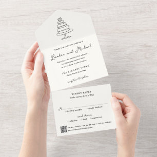 Hand Drawn Cake Doodle QR Code Modern Wedding All In One Invitation