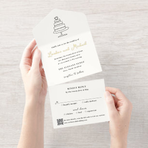 Hand Drawn Cake Doodle QR Code Modern Wedding All In One Invitation