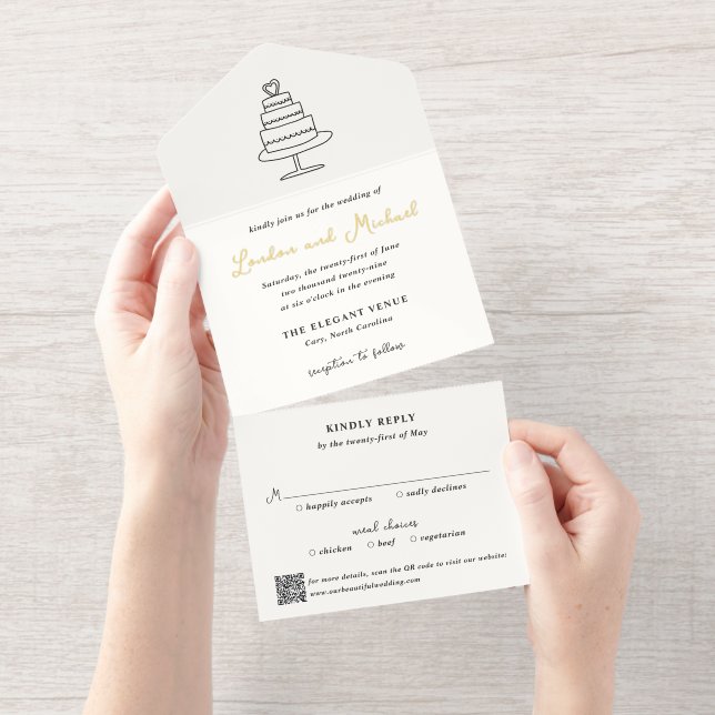 Hand Drawn Cake Doodle QR Code Modern Wedding All In One Invitation (Tearaway)