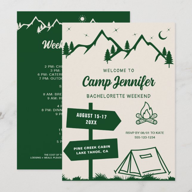 Hand Drawn Camp Bachelorette Weekend Invitation (Front/Back)