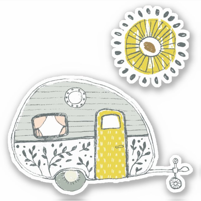 Hand drawn camper trailer yellow sun with rays (Front)