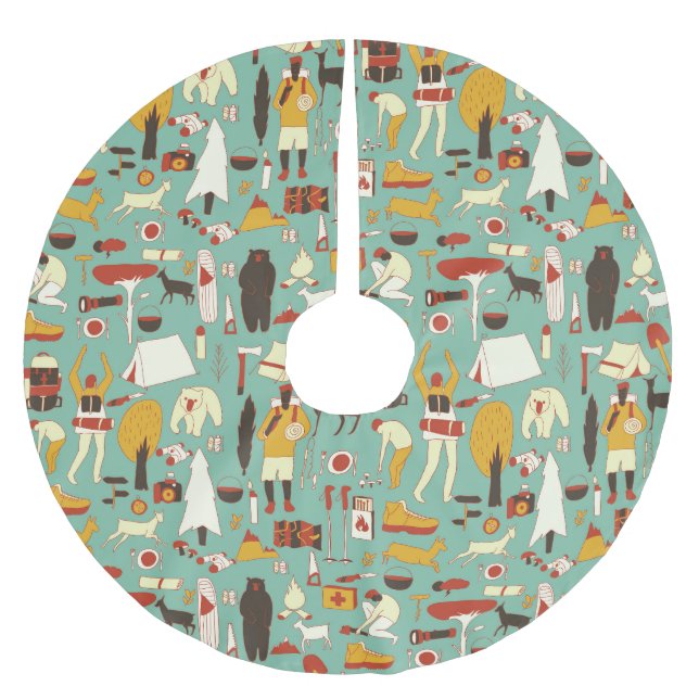 Hand-drawn camping, retro seamless pattern. brushed polyester tree skirt (Front)