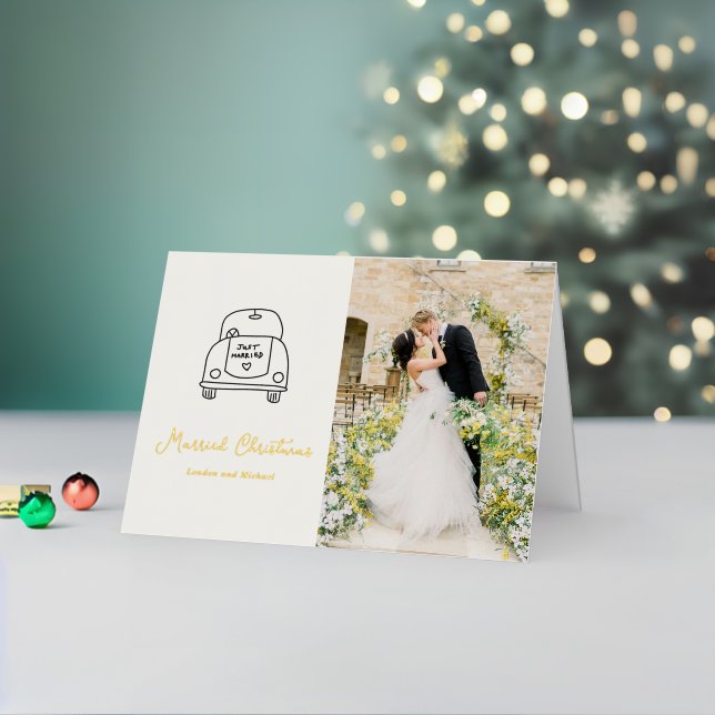 Hand Drawn Car Doodle Modern Newlywed Christmas Foil Holiday Card (Holiday In Situ 2)