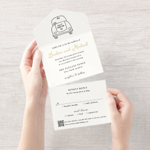 Hand Drawn Car Doodle QR Code Modern Wedding All In One Invitation