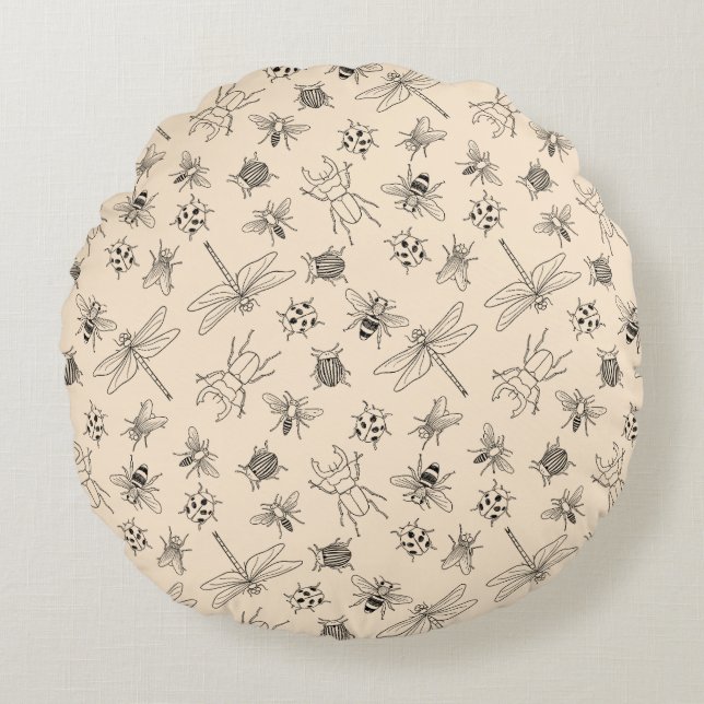 Hand-Drawn Cartoon Insects Pattern  Round Cushion (Front)