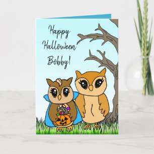 Hand Drawn Cartoon Owls  Halloween Greetings Holiday Card