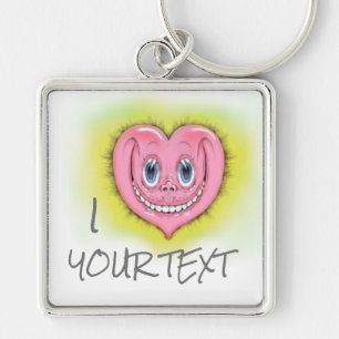 Hand Drawn Cartoon Smiling Cute Pink I Heart  Key Ring