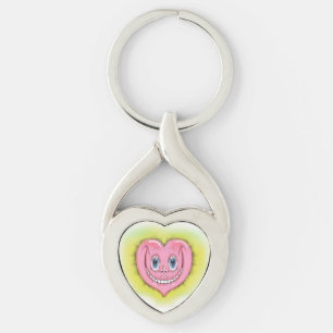 Hand Drawn Cartoon Smiling Cute Pink I Heart Key Ring