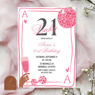 Hand Drawn Casino Pink Lucky 21 birthday Invitation