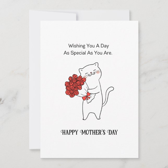 Hand-drawn Cat Red Roses Flowers Mother's Day  Holiday Card (Front)