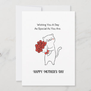 Hand-drawn Cat Red Roses Flowers Mother's Day  Holiday Card