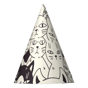 Hand-drawn cats doodle seamless pattern. party hat