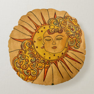 Hand drawn celestial sun & moon round cushion