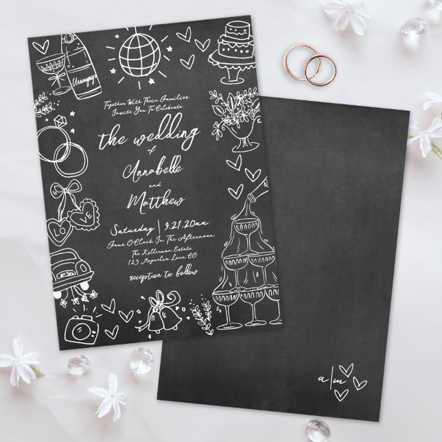 Hand Drawn Chalkboard Whimsical Wedding Invitation (Hand Drawn Quirky Chalkboard Whimsical Wedding Invitation)