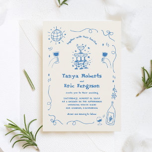Hand Drawn Champagne Cocktail Whimsical Wedding Invitation
