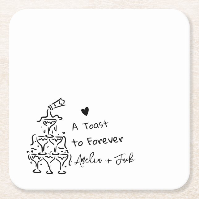 Hand Drawn Champagne Glass Tower Wedding Napkins Square Paper Coaster (Front)