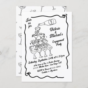 Hand Drawn Champagne Stack Engagement Party Invitation
