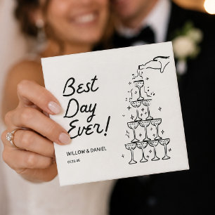 Hand Drawn Champagne Tower Best Day Ever Wedding Napkin