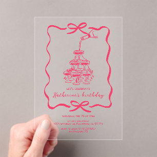 Hand Drawn Champagne Tower Birthday Party Pink Acrylic Invitations