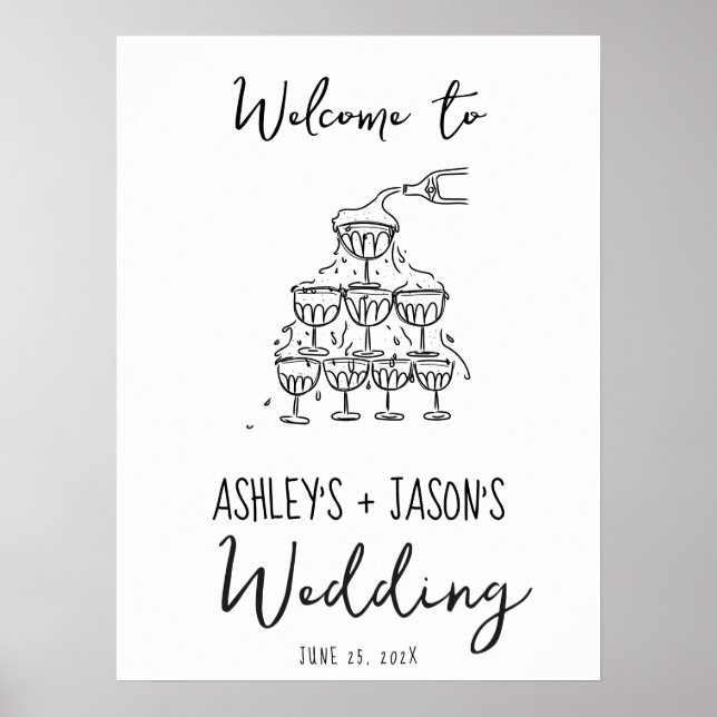 Hand drawn champagne tower welcome wedding sign (Front)