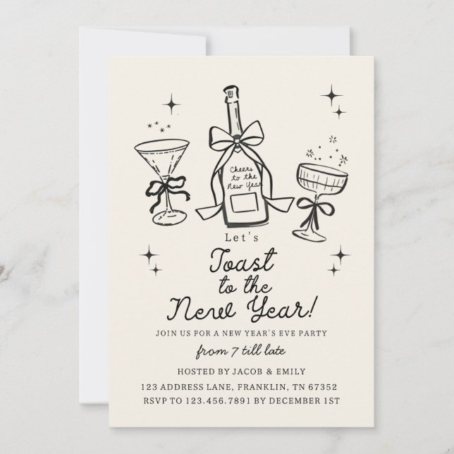 Hand Drawn Cheers New Years Eve Party In Invitation (Front)