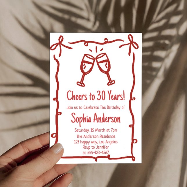 Hand Drawn “Cheers to 30 Years” Birthday           Invitation (Creator Uploaded)