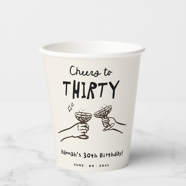 Hand Drawn Cheers to 30 Years Birthday Party Paper Cups (Front)