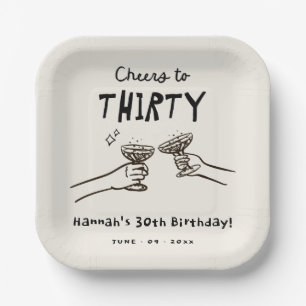 Hand Drawn Cheers to 30 Years Birthday Party Paper Plate
