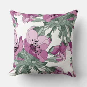 Hand drawn Cherry blossom minimal floral green Cushion